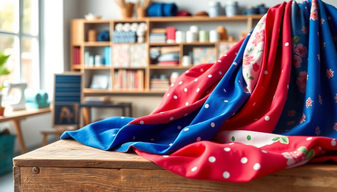 Bekijk tricot jersey bedrukt stoffen op een mooie houten tafel in een naaiatelier.