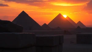 Explore the majestic piraminds of Egypt, showcasing their grandeur under a vibrant sunset.