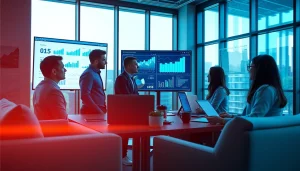 Visualize the process of Competitive intelligence gathering by dedicated data analysts in a modern office.