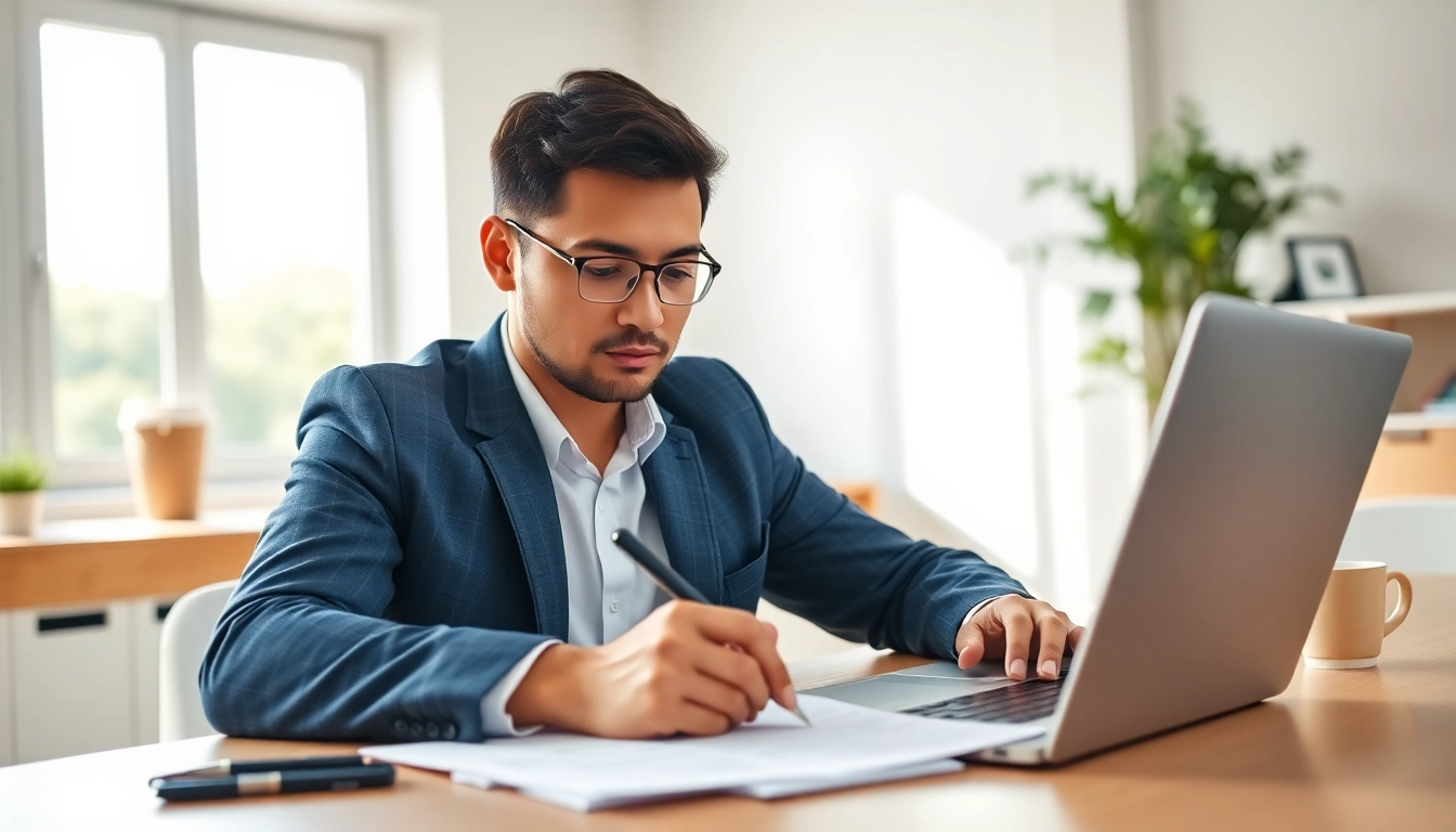 Filling out the eta application uk at a modern office desk with focused details.
