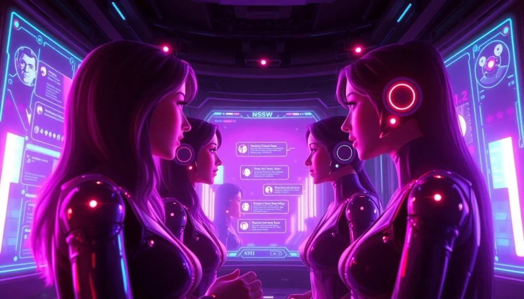 Futuristic NSFW AI chatbot interface showcasing vibrant interactions with character avatars.