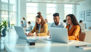Engaging typing center scene with diverse individuals working collaboratively.