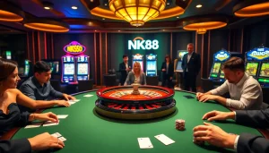 Engaged players at a luxurious NK88 poker table in a vibrant casino atmosphere.
