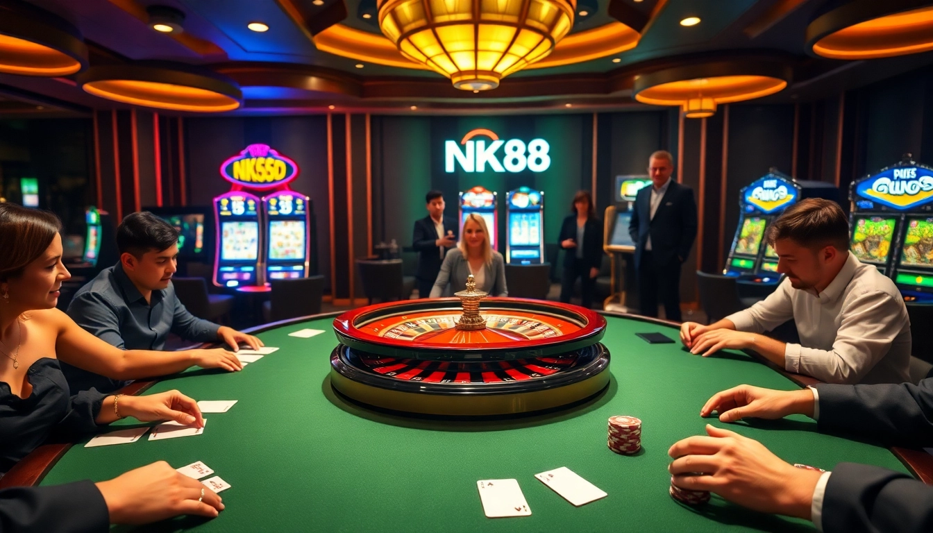 Engaged players at a luxurious NK88 poker table in a vibrant casino atmosphere.