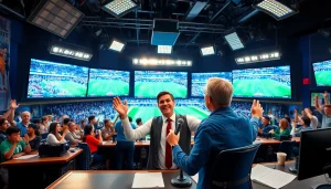 Dynamic sports broadcasting studio featuring a commentator engaging with live game action.