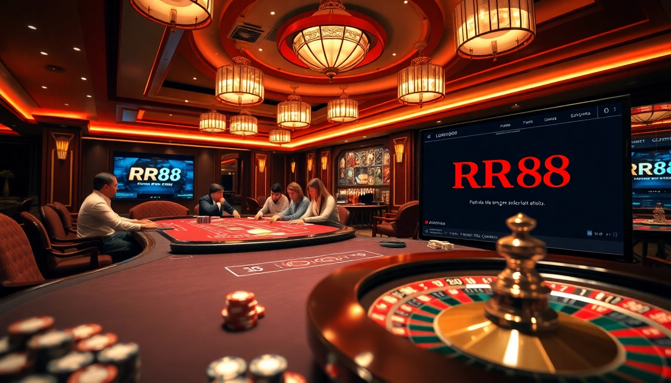 Experience RR88 casino excitement with a glamorous blackjack table and vibrant poker chips.