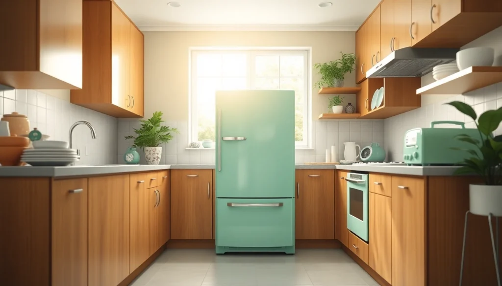 Admire a retro appliance, a mint green refrigerator, in a beautifully designed vintage kitchen setting.