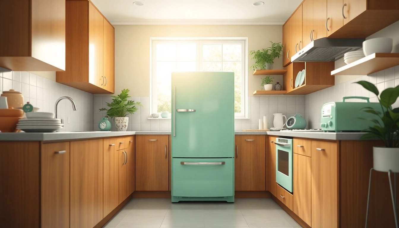 Admire a retro appliance, a mint green refrigerator, in a beautifully designed vintage kitchen setting.