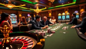 8kbet players thrill by engaging in a lively casino game with cards and chips.