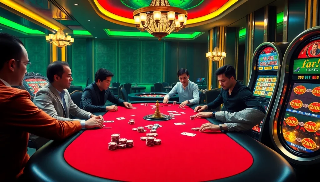 Intense poker game at a casino table with kpi4d chips and colorful cards.