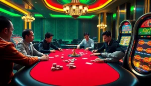 Intense poker game at a casino table with kpi4d chips and colorful cards.