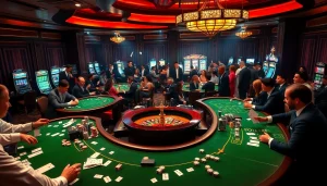 Une scène vibrante mettant en avant le casino en ligne France avec des joueurs s'engageant à des tables élégantes, mettant en lumière l'excitation et une ambiance luxueuse.