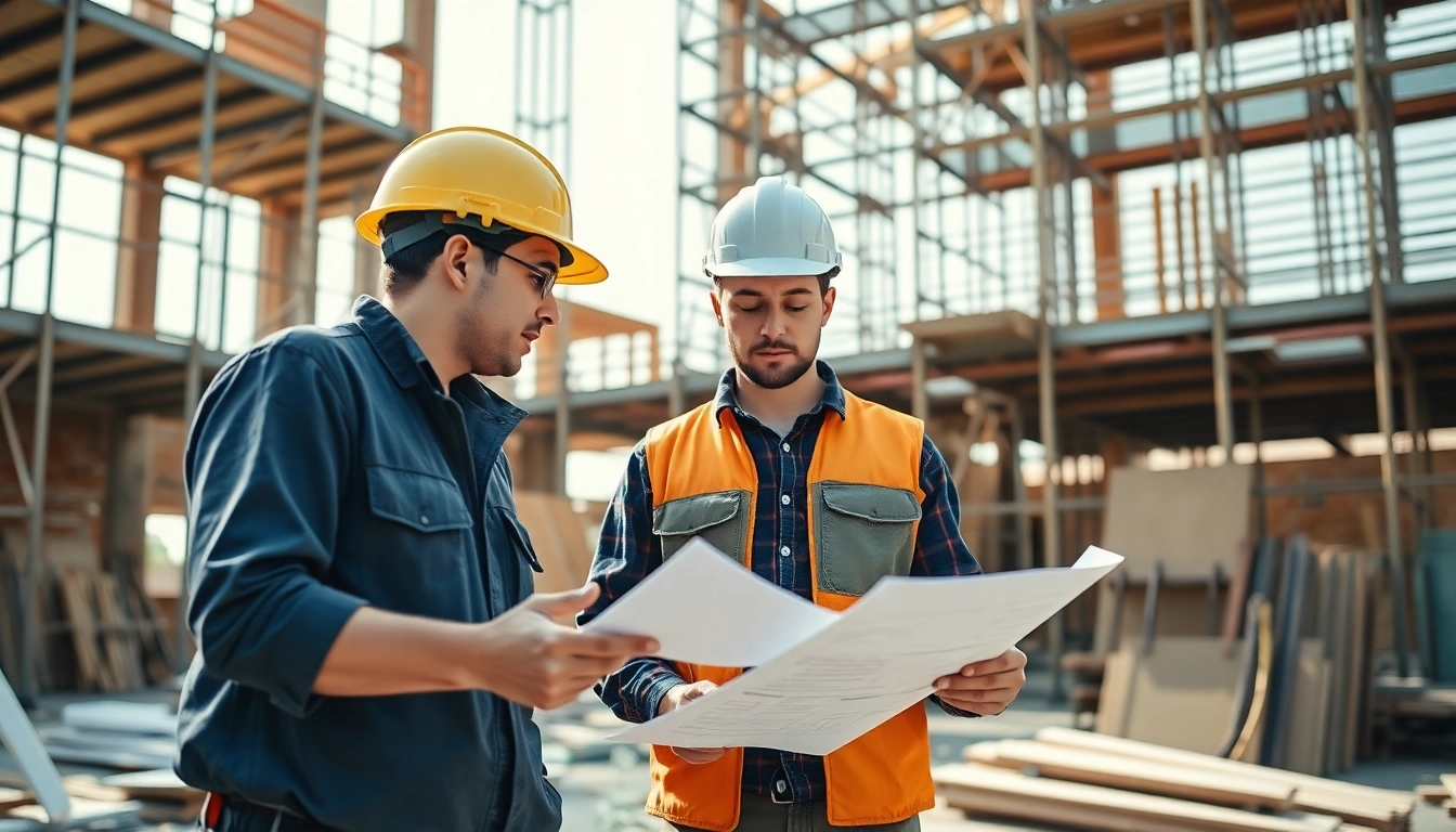 Contractor apprenticeship at a construction site with apprentices collaborating on blueprints.