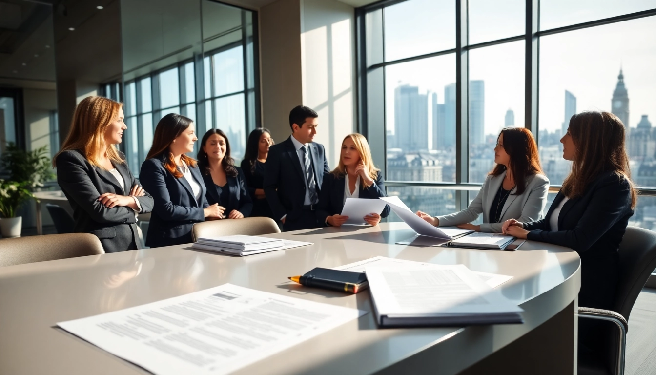 Professionals collaborating on luxembourg family holding strategy in a bright office setting.