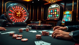 TR88 casino players enjoying a luxurious poker game with vibrant slot machines in the background.