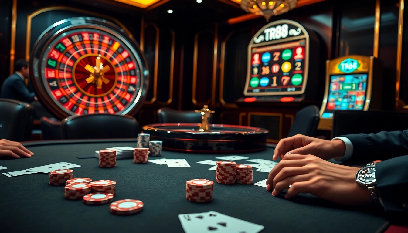 TR88 casino players enjoying a luxurious poker game with vibrant slot machines in the background.