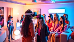 Engaging scene of users interacting with their AI girlfriend in a cozy, high-tech virtual environment.