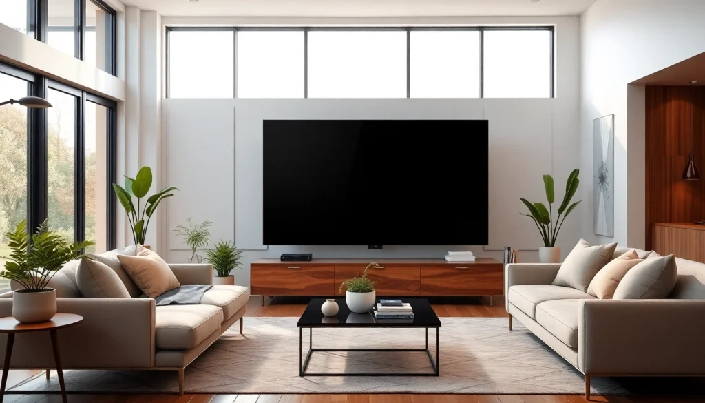 Telewizor 75 cali w nowoczesnym salonie z eleganckim wystrojem i naturalnym światłem.