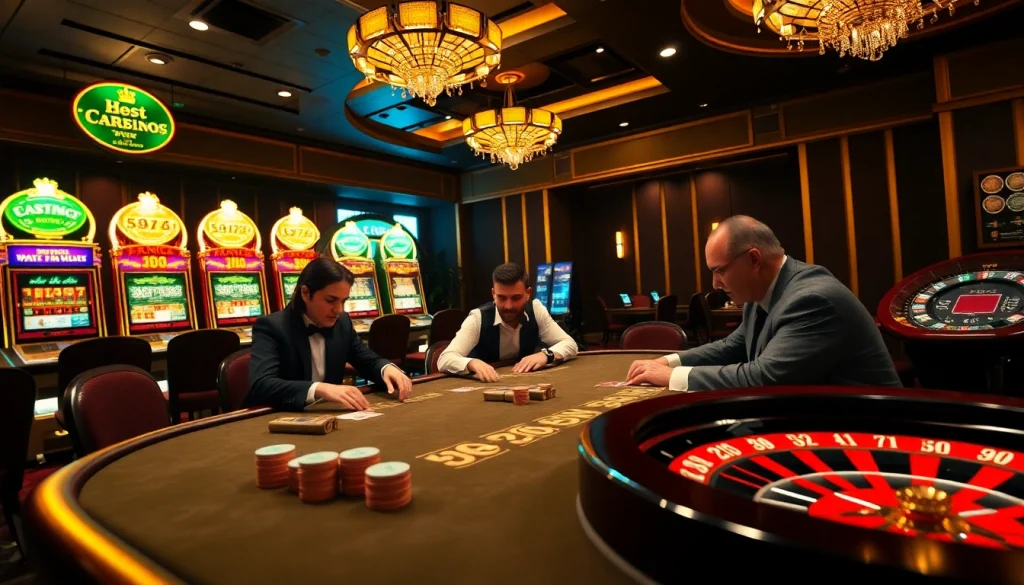 Experience the excitement of gambling at MM88 with a vibrant casino scene featuring poker and roulette.