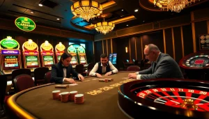 Experience the excitement of gambling at MM88 with a vibrant casino scene featuring poker and roulette.