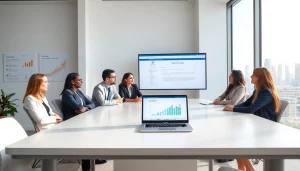 VAT Return Filing in UAE: Business professionals in a modern Dubai office discussing tax regulations.