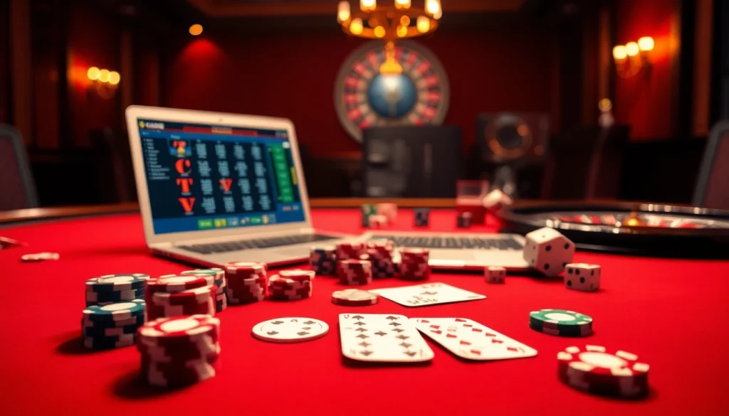 Découvrez l'excitation du casino en ligne France avec une scène de jeux en ligne luxueuse, mettant en avant des jetons de poker et une roue de roulette.