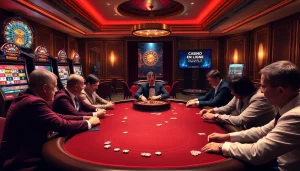 Joueurs engagés à une table de poker luxueuse dans un cadre de casino en ligne France, montrant excitation et stratégie.