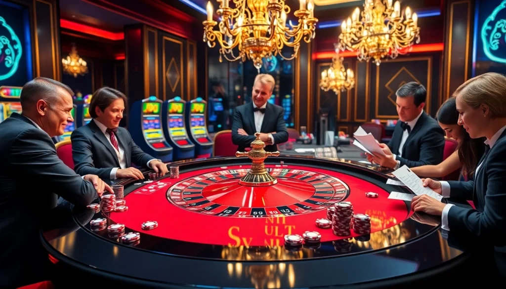 Experience the thrill of SHBET at an upscale casino table filled with excited players and colorful chips.