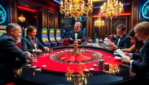 Experience the thrill of SHBET at an upscale casino table filled with excited players and colorful chips.