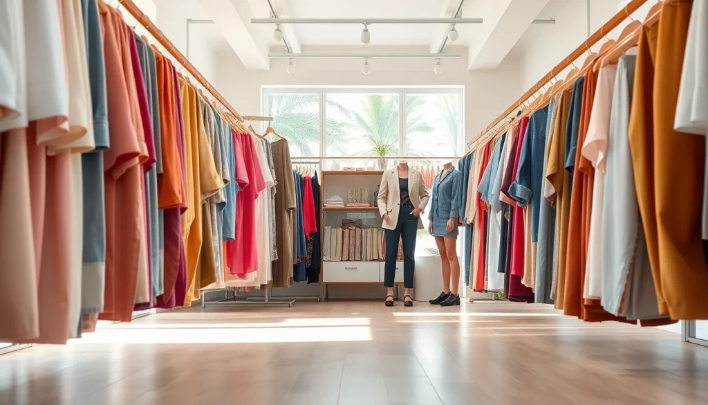 Dames stoffen online in stijlvolle stoffen presentatie in een elegante boetiek.