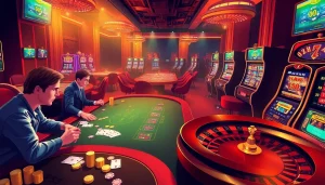 S'engager dans des jeux à enjeux élevés dans un luxueux casino en ligne France, avec des tables de poker et des machines à sous.