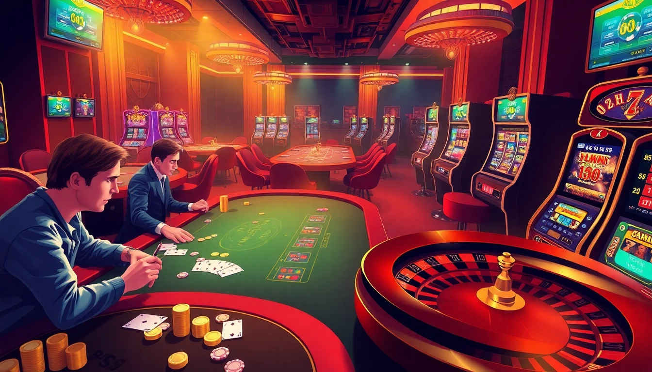 S'engager dans des jeux à enjeux élevés dans un luxueux casino en ligne France, avec des tables de poker et des machines à sous.