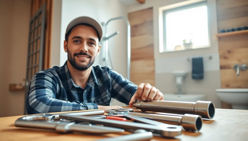 Apprentice plumber engaging in plumbing apprenticeship tasks with tools in a residential setting.