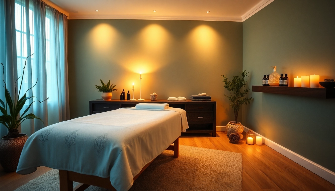 편안한 색상과 자연 장식이 있는 이완 마사지 요법실.
