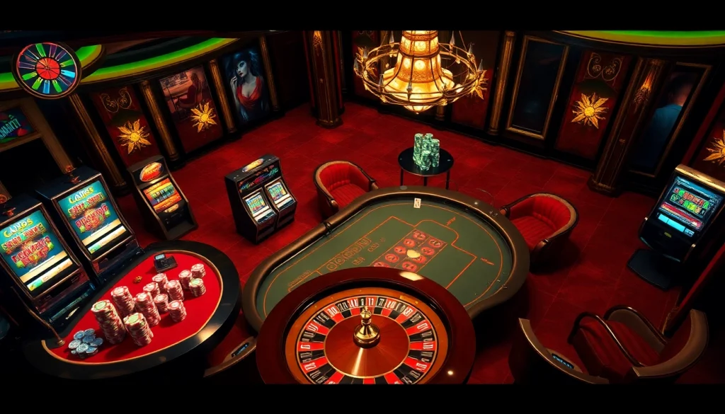 Profiter de jeux à enjeux élevés dans une expérience de casino en ligne France luxueuse avec des tables et des jetons vibrants.