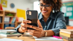 Lehrer nutzt Handytasche Lehrer im Klassenzimmer, umgeben von Schulmaterialien.