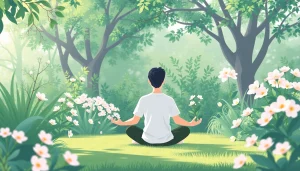 Anxiety symptoms illustrated through a person meditating peacefully in a lush, calming garden setting.